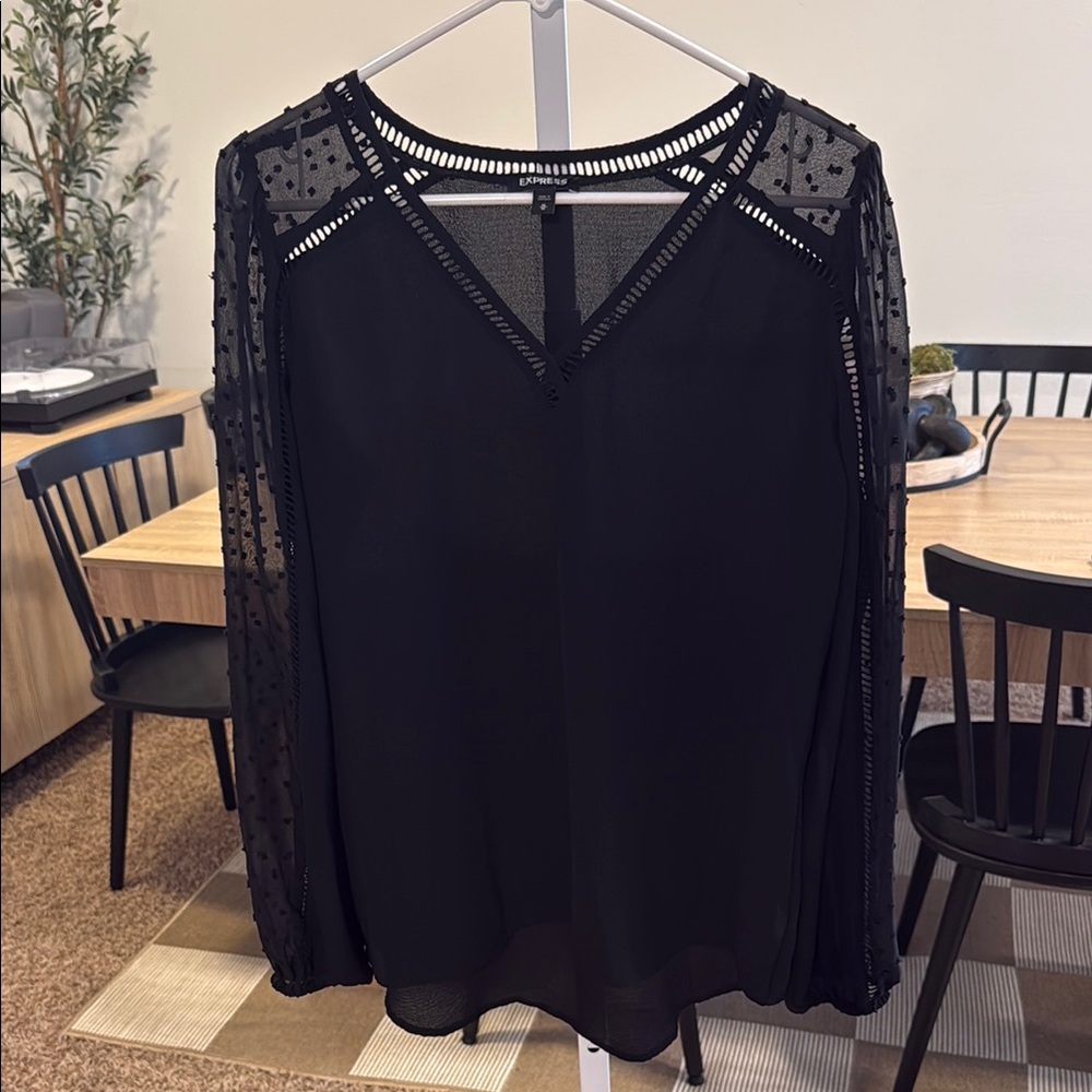 Express Black Embellished Sheer Polka Dot Sleeve Blouse